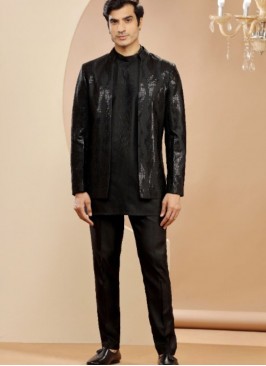 Classic Black Silk Reception Indowestern Suit