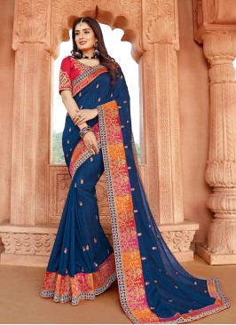 Classic Blue Color Silk Saree For Girls