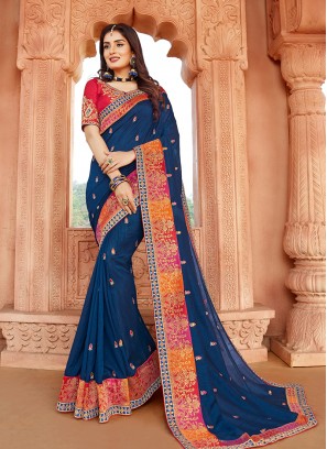 Classic Blue Color Silk Saree For Girls