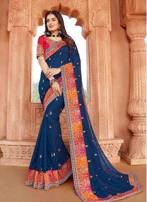 Classic Blue Color Silk Saree For Girls