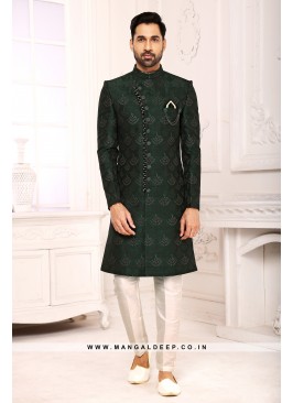 Classic Bottle Green Indo Western Shervani in Imported Jacquard Brocade With Aligadhi Pant