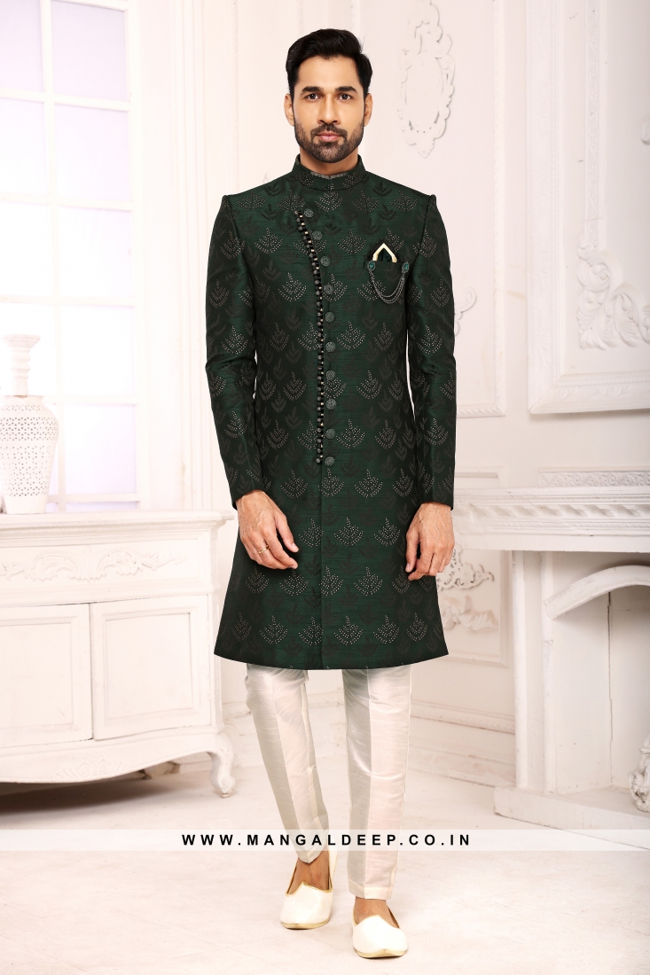 Classic Bottle Green Indo Western Shervani in Imported Jacquard ...