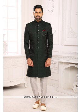 Classic Bottle Green Indo Western Shervani in Imported Jacquard Brocade With Aligadhi Pant