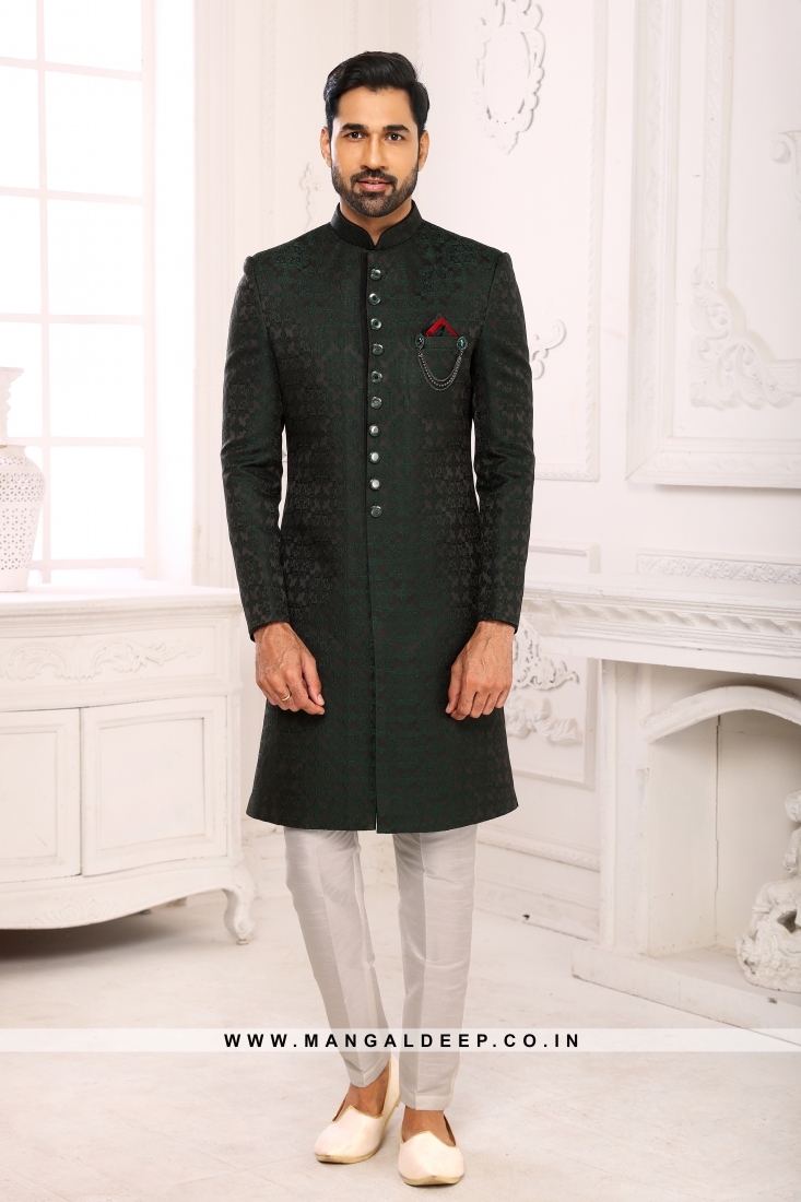 Classic Bottle Green Indo Western Shervani in Imported Jacquard ...