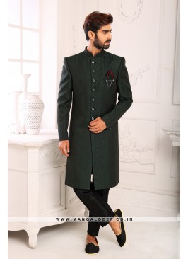 Classic Bottle Green Indo Western Shervani in Imported Jacquard Brocade With Aligadhi Pant