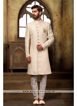 Classic Cream Indo Western Shervani in Imported Jacquard Brocade With Aligadhi Pant