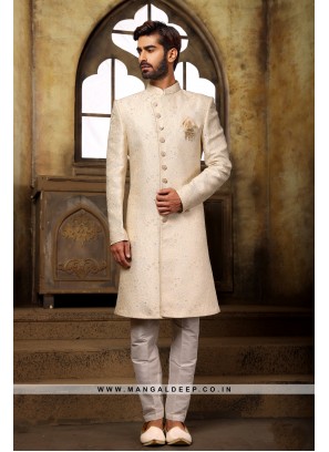 Classic Cream Indo Western Shervani in Imported Jacquard Brocade With Aligadhi Pant