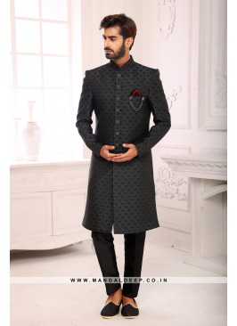 Classic Dark Grey Indo Western Shervani in Imported Jacquard Brocade With Aligadhi Pant