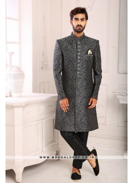 Classic Dark Grey Indo Western Shervani in Imported Jacquard Brocade With Aligadhi Pant