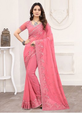 Classic Designer Saree Embroidered Faux Georgette in Pink