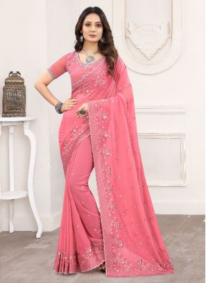 Classic Designer Saree Embroidered Faux Georgette in Pink