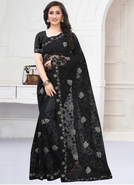 Classic Designer Saree Embroidered Net in Black