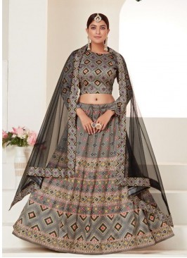 Classic Grey Color Ajmeri Silk Party Wear Lehenga