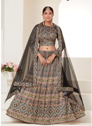 Classic Grey Color Ajmeri Silk Party Wear Lehenga