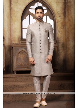 Classic Grey Indo Western Shervani in Imported Jacquard Brocade With Aligadhi Pant