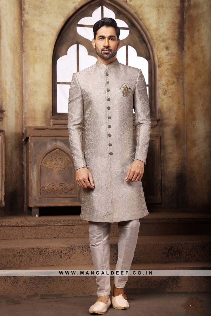Classic Grey Indo Western Shervani in Imported Jacquard Brocade ...