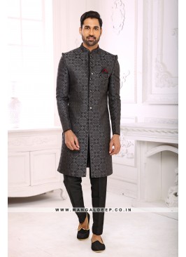 Classic Grey Indo Western Shervani in Imported Jac