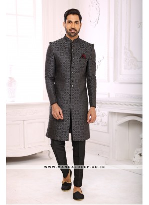Classic Grey Indo Western Shervani in Imported Jacquard Brocade With Aligadhi Pant