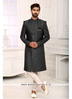 Classic Grey Indo Western Shervani in Imported Jacquard Brocade With Aligadhi Pant