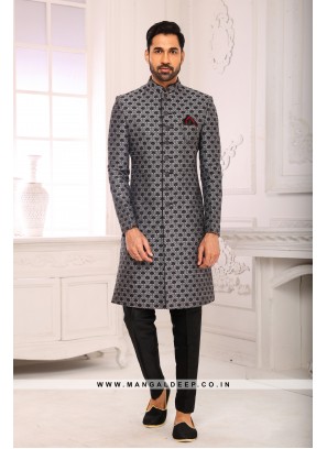 Classic Light Grey Indo Western Shervani in Imported Jacquard Brocade With Aligadhi Pant