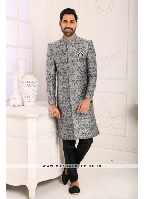 Classic Light Grey Indo Western Shervani in Imported Jacquard Brocade With Aligadhi Pant