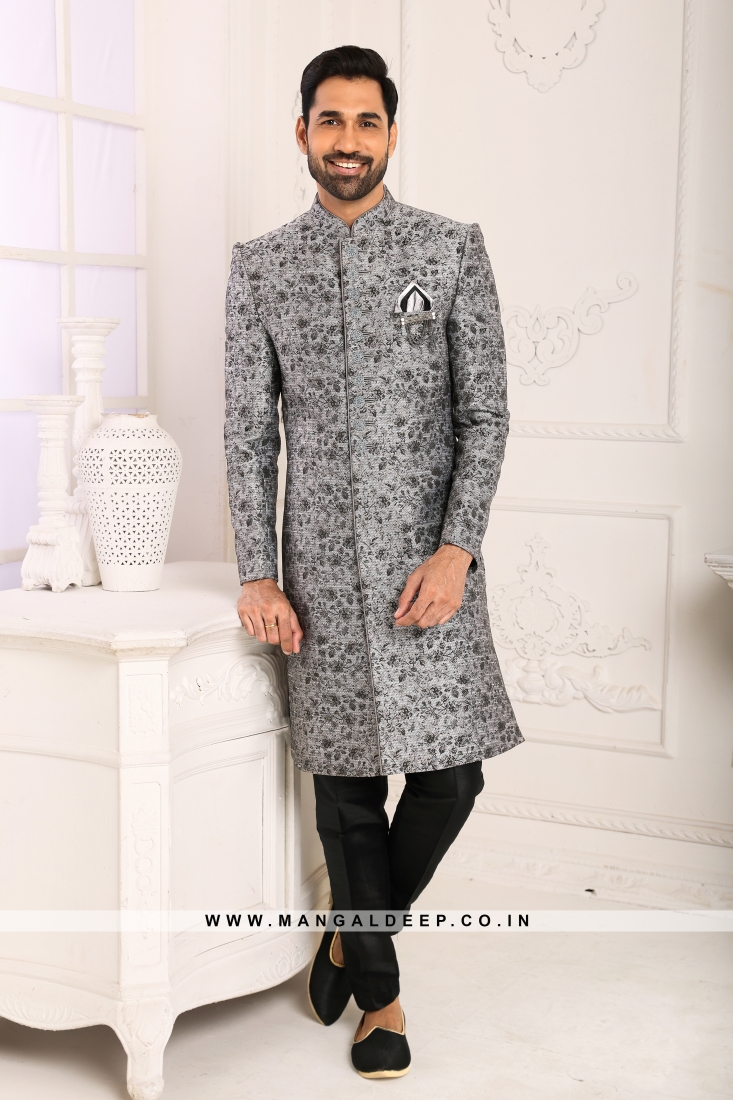 Classic Light Grey Indo Western Shervani in Imported Jacquard ...