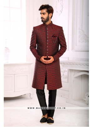 Classic Maroon Indo Western Shervani in Imported Jacquard Brocade With Aligadhi Pant