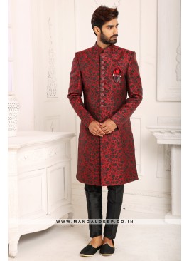Classic Maroon Indo Western Shervani in Imported Jacquard Brocade With Aligadhi Pant