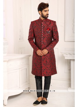 Classic Maroon Indo Western Shervani in Imported J