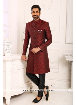 Classic Maroon Indo Western Shervani in Imported Jacquard Brocade With Aligadhi Pant