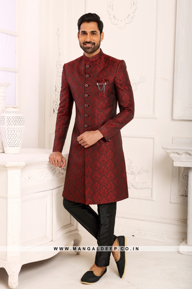 Classic Maroon Indo Western Shervani in Imported Jacquard ...
