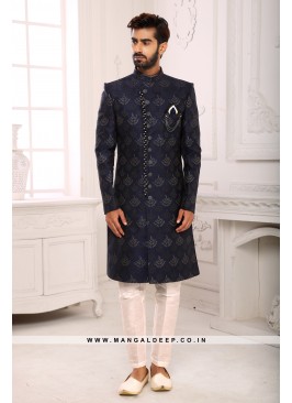 Classic Navy Blue Indo Western Shervani in Imported Jacquard Brocade With Aligadhi Pant