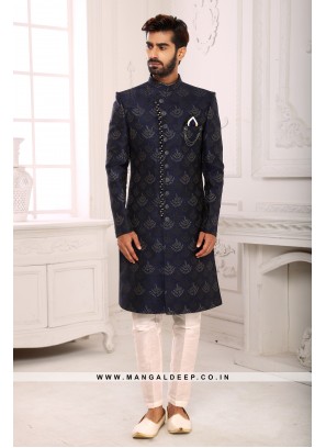 Classic Navy Blue Indo Western Shervani in Imported Jacquard Brocade With Aligadhi Pant