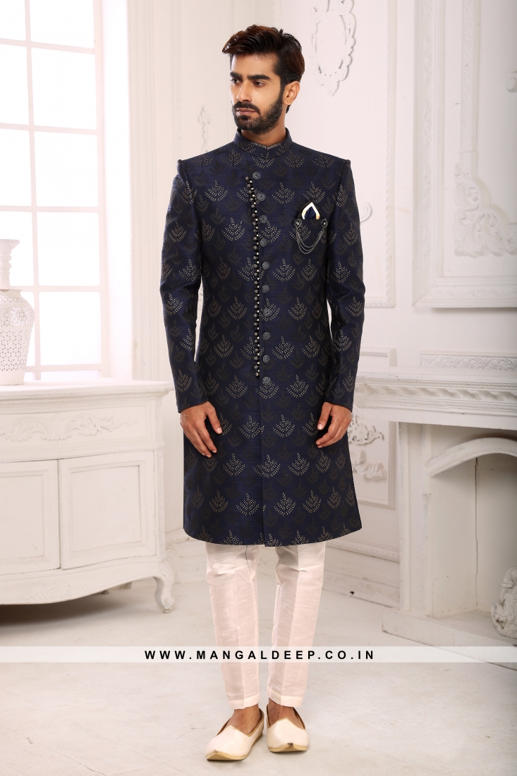 Classic Navy Blue Indo Western Shervani in Imported Jacquard ...