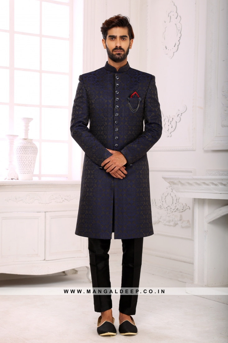 Classic Navy Blue Indo Western Shervani in Imported Jacquard ...