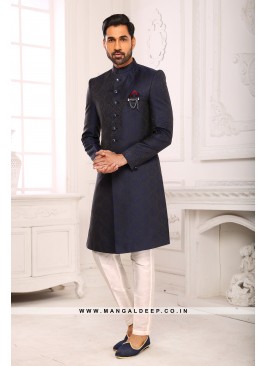 Classic Navy Blue Indo Western Shervani in Imported Jacquard Brocade With Aligadhi Pant