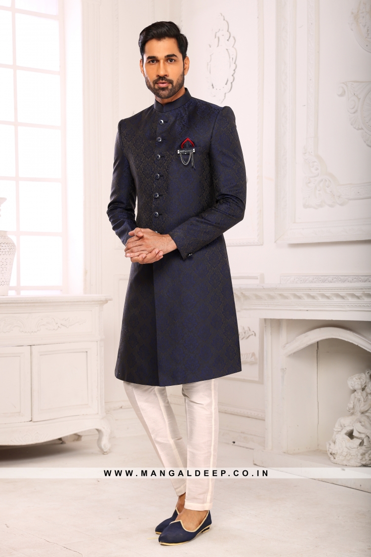 Classic Navy Blue Indo Western Shervani in Imported Jacquard ...