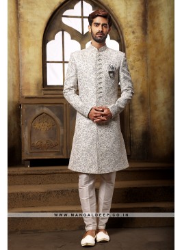 Classic Off White Indo Western Shervani in Imported Jacquard Brocade With Aligadhi Pant