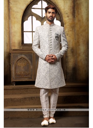 Classic Off White Indo Western Shervani in Imported Jacquard Brocade With Aligadhi Pant