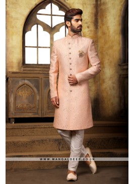 Classic Peach Indo Western Shervani in Imported Jacquard Brocade With Aligadhi Pant