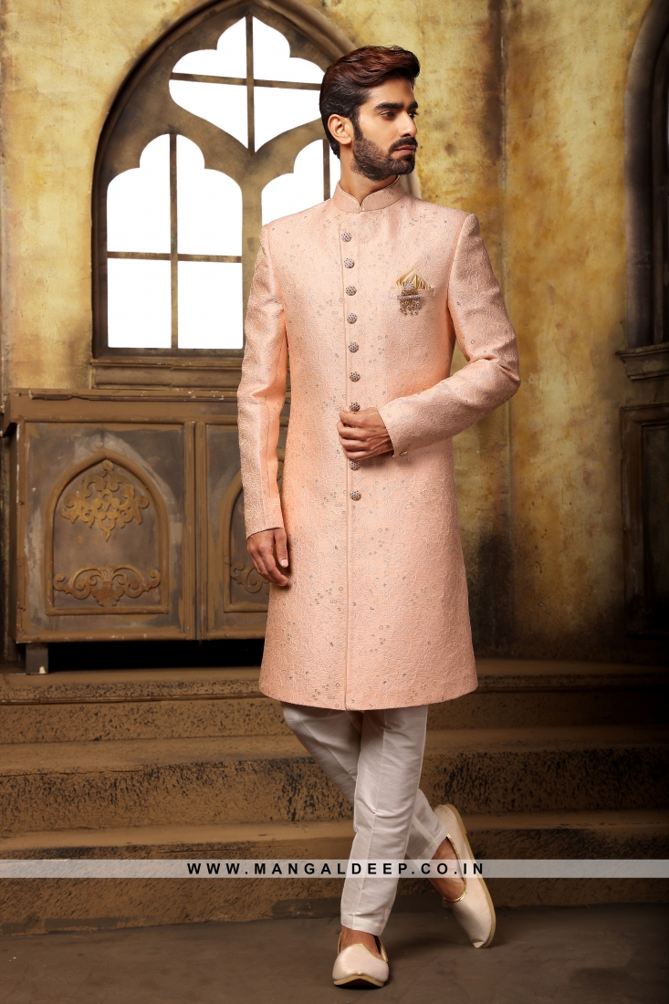 Classic Peach Indo Western Shervani in Imported Jacquard Brocade With Aligadhi Pant