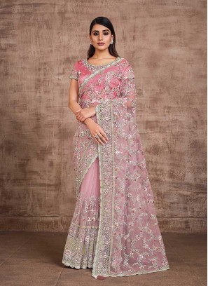 Classic Pink Color Net Embroidered Saree