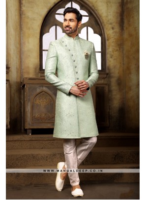 Classic Pista Indo Western Shervani in Imported Jacquard Brocade With Aligadhi Pant