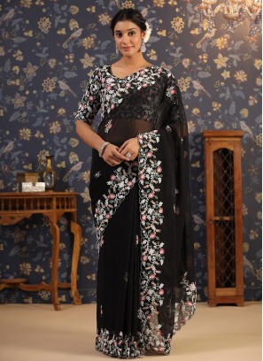 Classic Saree Embroidered Georgette in Black