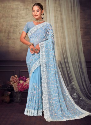 Classic Saree Embroidered Georgette in Blue