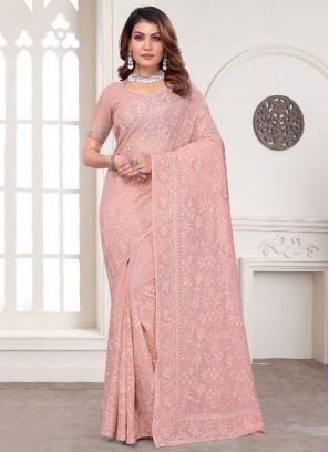 Classic Saree Embroidered Georgette in Peach