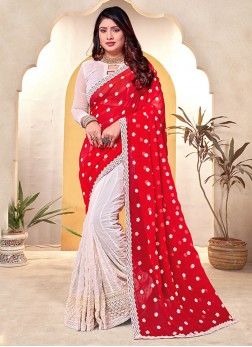 Classic Saree Embroidered Georgette in Red and Whi