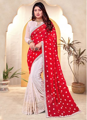 Classic Saree Embroidered Georgette in Red and White