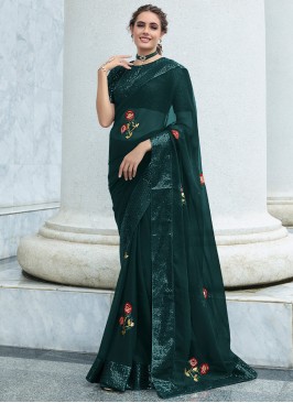 Classic Saree Embroidered Georgette in Teal