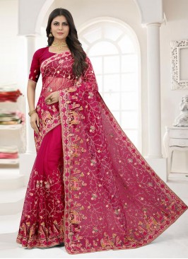 Classic Saree Embroidered Net in Magenta